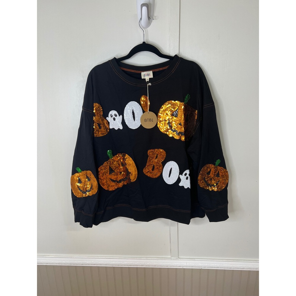 BIBI Womens Halloween Sequin Boo Pumpkin Ghost Sweatshirt Black Large New - Picture 4 of 13